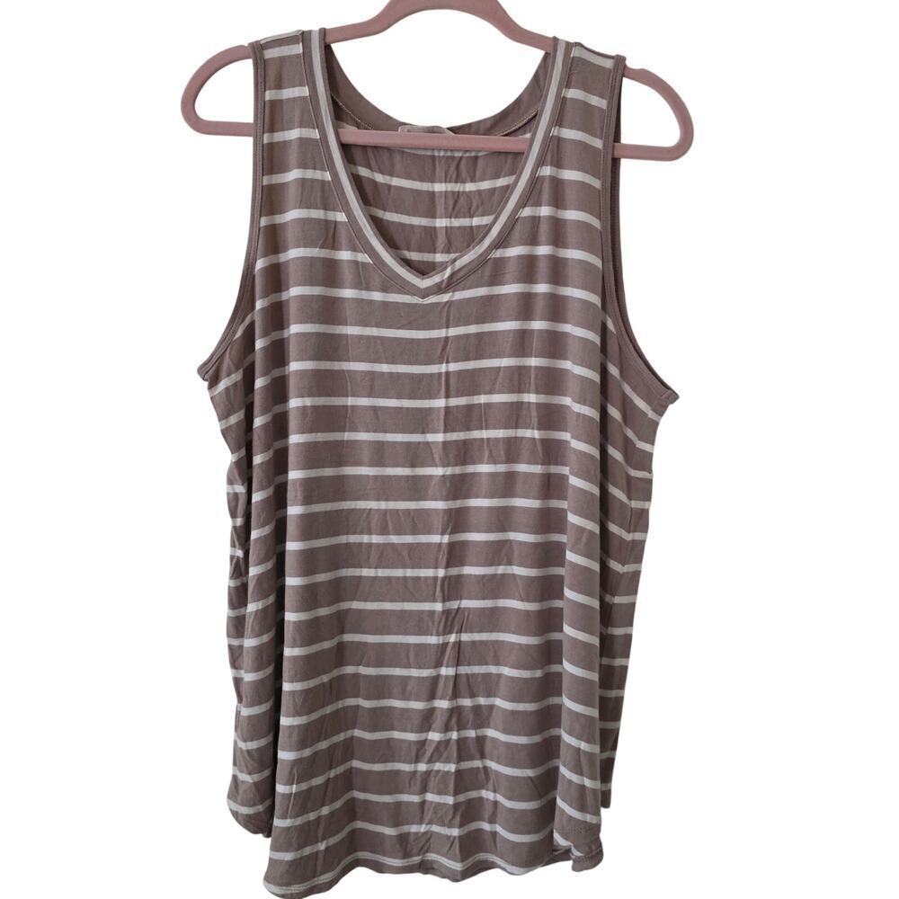ZENANA 2322 Taupe/White Striped Sleeveless V Neck Tank Top 1X